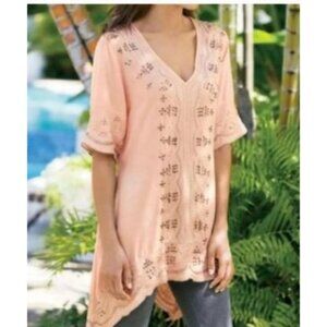Soft Surroundings Peach gold Catalina Embroidered Tunic Top  Boho short sleeve